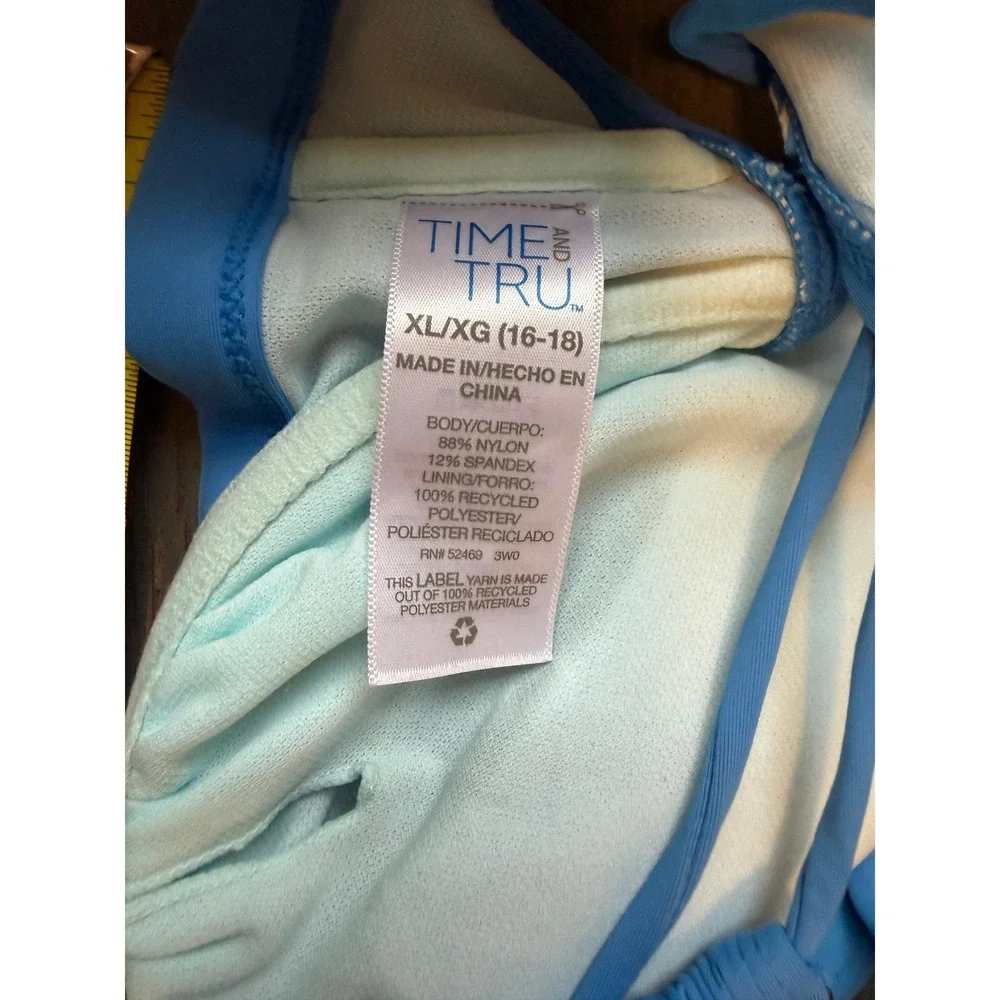 Time and Tru Blue Twist Front Bikini Top Swimsuit XL 16-18 Adjustable Straps